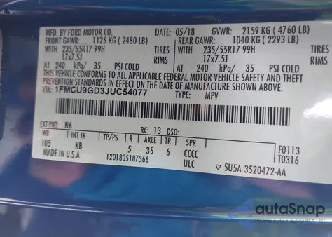 2018 Ford Escape Se from USA, damaged, VIN 1FMCU9GD3JUC54077